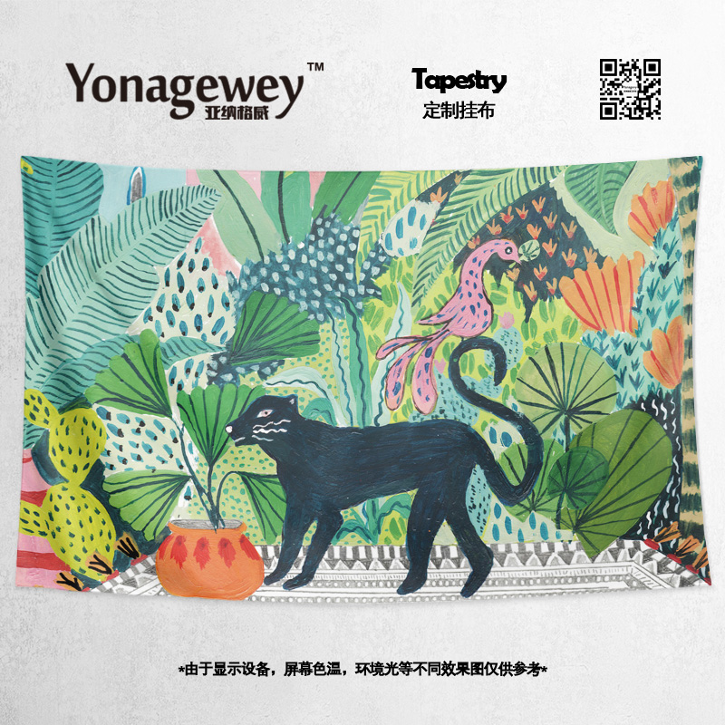 黑猫老虎大猫ins风清新蜡笔插画宿舍装饰背景布海报挂布挂毯盖布图片