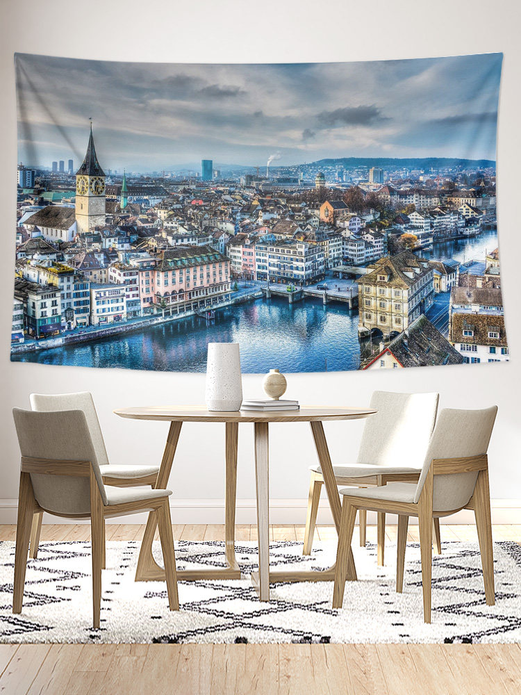 유럽 ??스위스 취리히 도시 건축 항공 사진 사진 벽 천 장식 배경 천 포스터 교수형 천 태피스트리