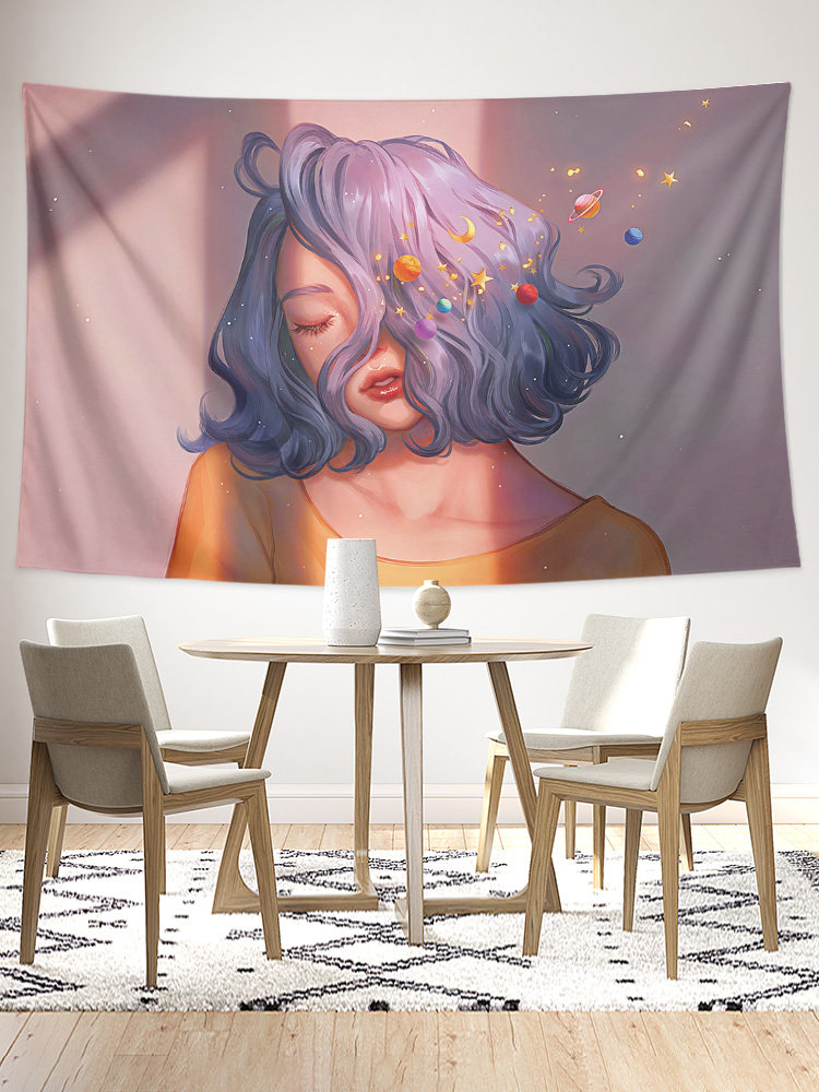 활기차고 귀엽고 쾌활한 단발 머리 소녀 소녀 클로즈업 장식 손으로 그린 ????그림 배경 벽 천 포스터 교수형 천