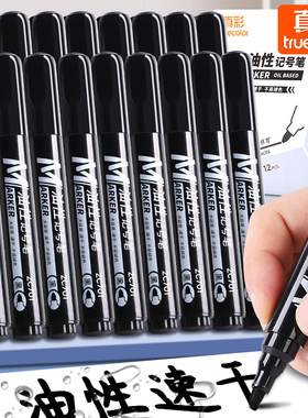 真彩黑色记号笔防水防油不掉色油性大头笔签字笔粗头工地马克笔勾线笔美术专用蓝色红色速干快递物流标记笔