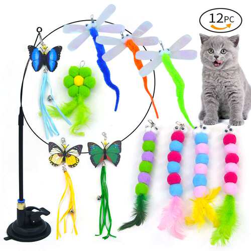 跨境新品宠物猫玩具毛毛虫蜻蜓替换头强力吸盘逗猫棒猫玩具套装