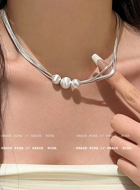 银色拉丝豆豆项链女春夏天高级感轻奢气质绝美锁骨链精致独特配饰