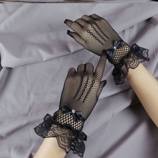 春秋百搭蕾丝手套女薄款复古名媛旗袍配饰优雅花边性感黑网纱新款