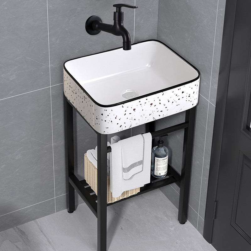 小户型无孔陶瓷洗手盆卫生间阳台简易落地不锈钢支架洗脸盆洗漱台