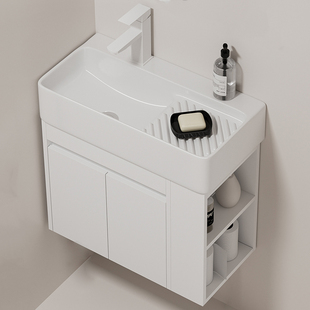 小户型挂墙式陶瓷洗手盆柜阳台卫生间洗衣盆池窄边加长实木浴室柜