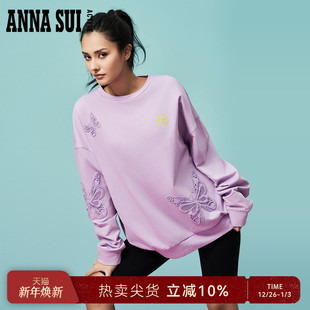 复古蝴蝶蕾丝休闲圆领卫衣t恤女 俱乐部系列 ANNA SUI安娜苏运动