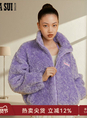 ANNA SUI安娜苏运动 经典紫色仿羊羔毛短款外套夹克加厚冬小个子