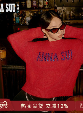 ANNA SUI安娜苏运动 新年红色亮钻LOGO圆领绒感羊毛混纺针织毛衣