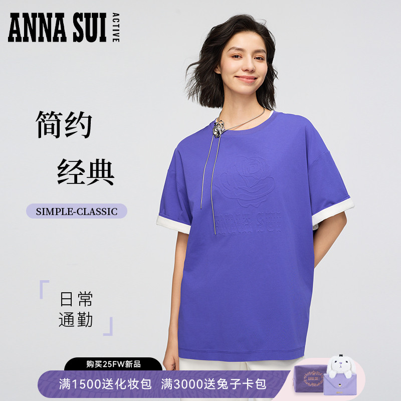 ANNA SUI安娜苏运动 明星同款玫瑰logo宽松圆领短袖T恤男女同款
