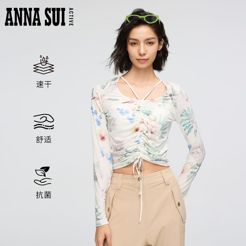 ANNA SUI安娜苏运动 V领印花抽绳显瘦吸湿速干长袖T恤抗菌亲肤女