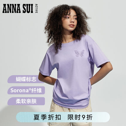 ANNA SUI安娜苏运动 多元系列 紫色蝴蝶蕾丝圆领短袖运动T恤女