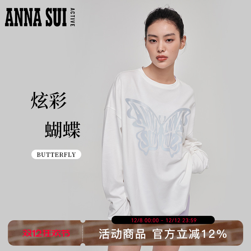 ANNA SUI安娜苏运动 银色反光蝴蝶慵懒感印花T恤宽松落肩袖卫衣女