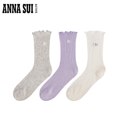 ANNASUI安娜苏运动 新款花边纯色休闲运动中筒袜