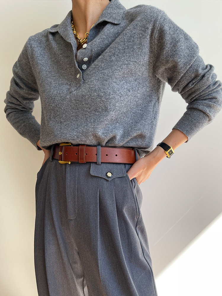 THREE VINTAGE LAPELS ALL-WOOL POLO KNIT WOMENS UNDERWEAR LAYERED MINIMALIST SWEATER BASE LAYER