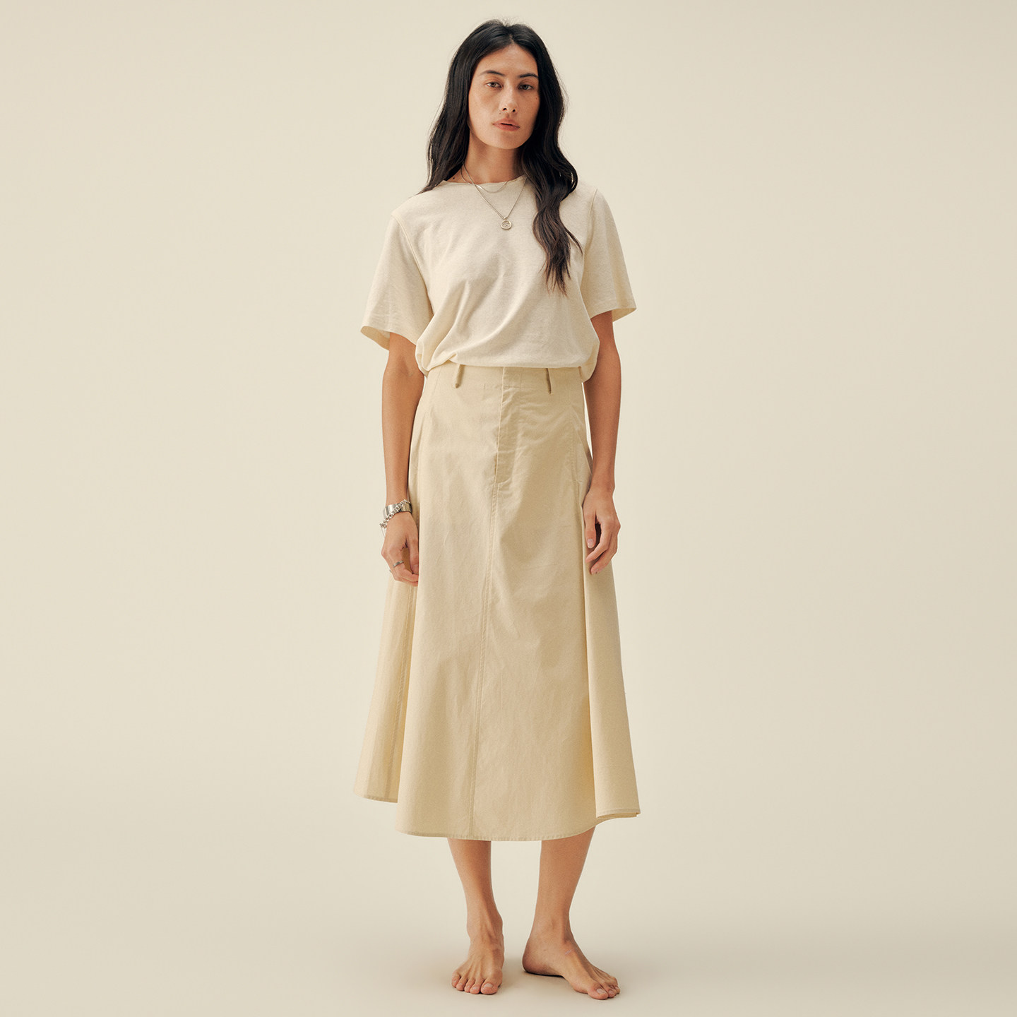 三所vintage 高品质匹马棉 百搭浅卡其高腰口袋伞状半身裙A字裙