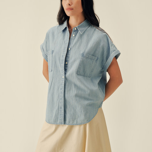 三所vintage牛仔短袖宽松衬衫