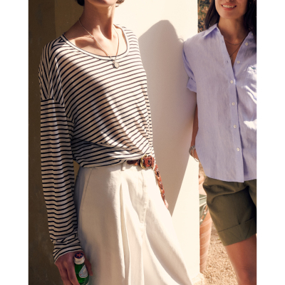 三所vintage 山所seaside-限量条纹棉亚麻轻薄透气 圆领宽松慵懒T