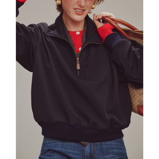 三所vintage 藏青宽松东丽发热面料针织罗纹卫衣女 百搭polo拉链款