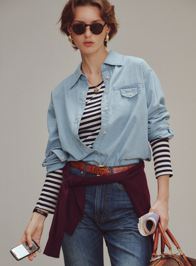 三所vintage 复古做旧牛仔衬衫环保水洗Glacier Blue浅色长袖衬衣