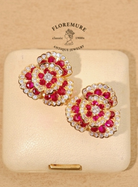 「1960茶花」梵克@宝珠宝山茶花耳饰重工满镶耳夹floremure古董廊