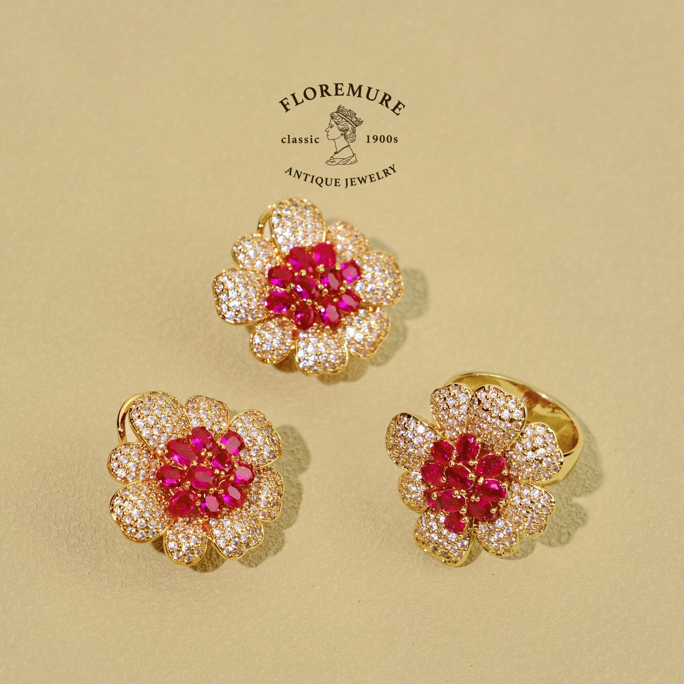 法国80s古董珠宝感花朵耳饰戒指