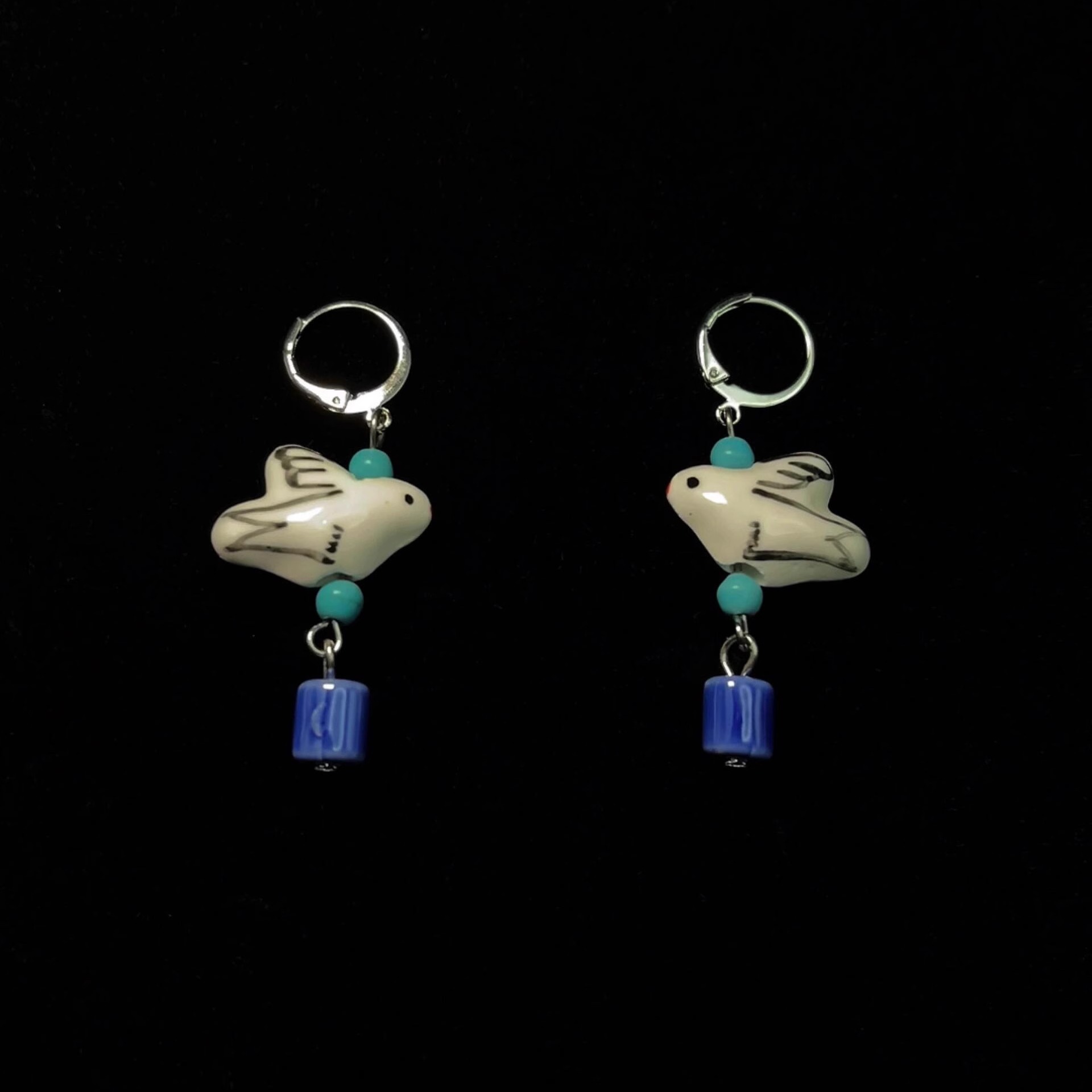 Vintage古着 Blue white porcelain bird耳饰