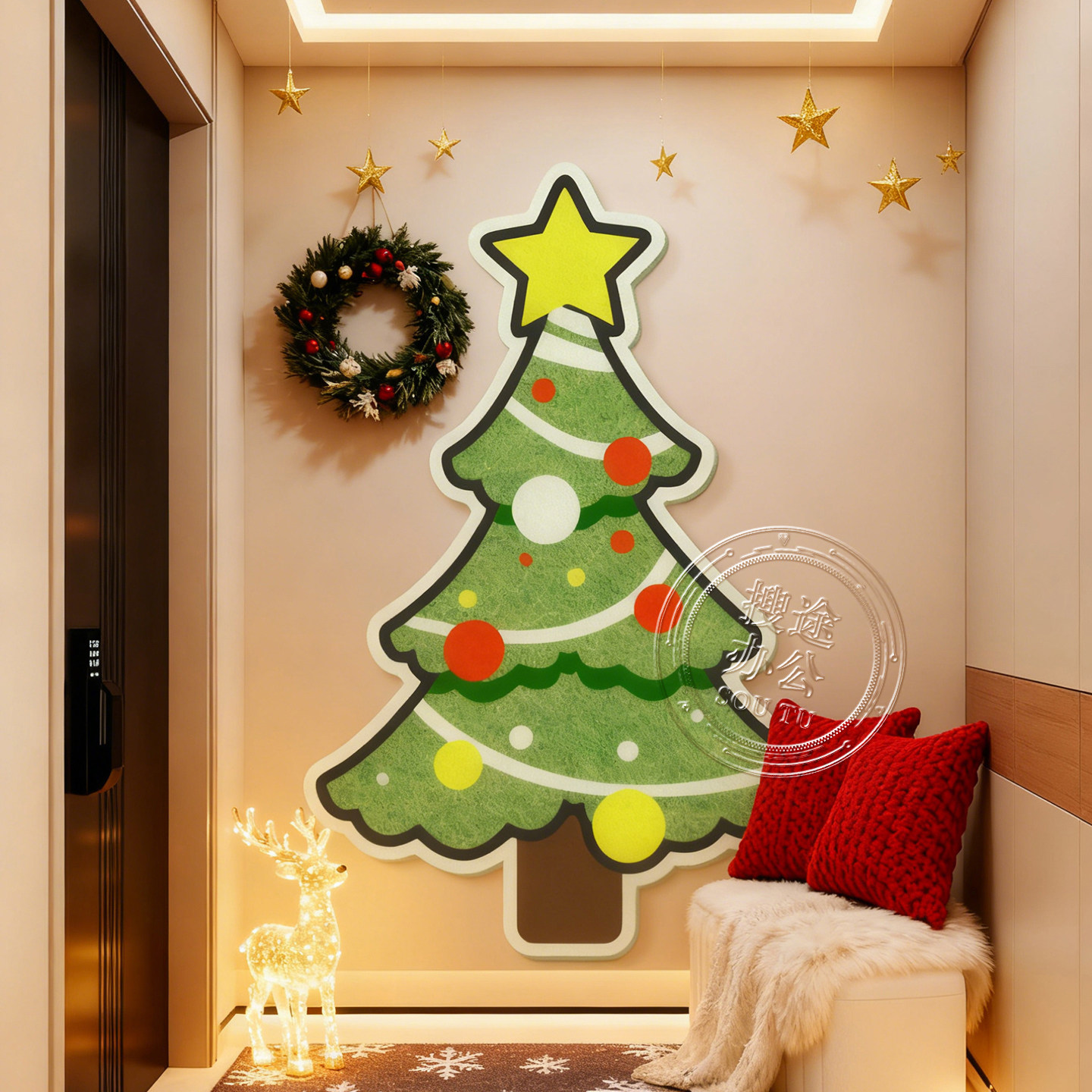 毛毡板毛毡墙贴圣诞树免打孔照片墙背景板照片展示墙创意圣诞节diy