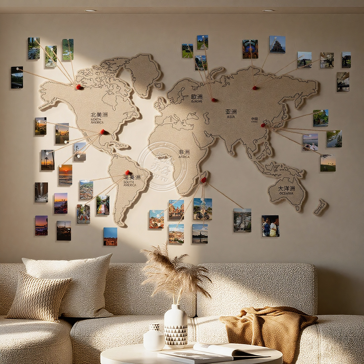 免打孔照片墙毛毡板世界地图旅行中国地图照片墙足迹打卡标记图钉板创意背景墙玄关高级感客厅装饰板组合相框
