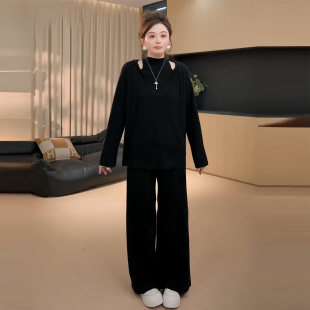 大码极简针织套装女秋冬胖mm显瘦宽松长袖阔腿裤设计感小众两件套