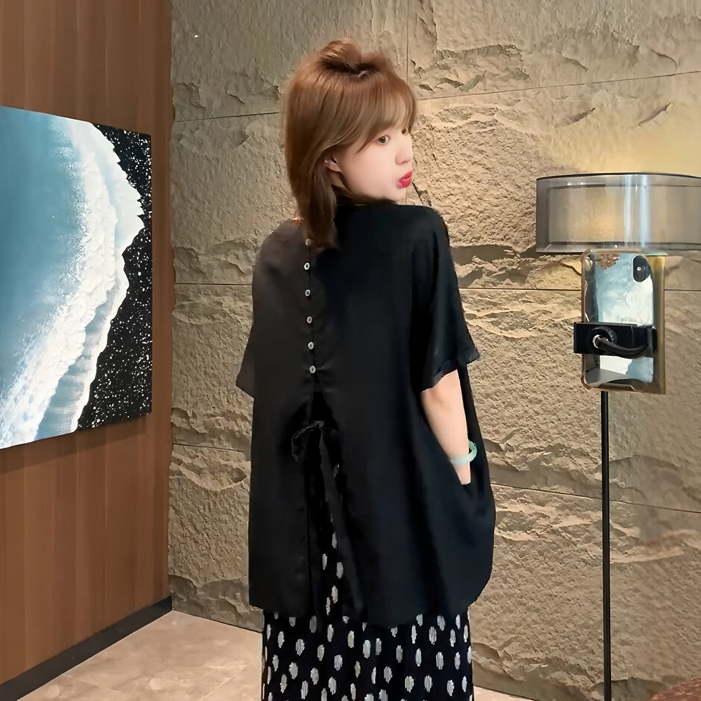 大码韩系后背蝴蝶结纽扣黑色短袖t恤女夏季新款胖mm宽松显瘦上衣