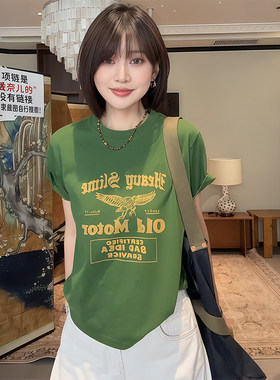 复古做旧字母印花新款韩系insT恤女夏新款收腰显瘦弧形下摆