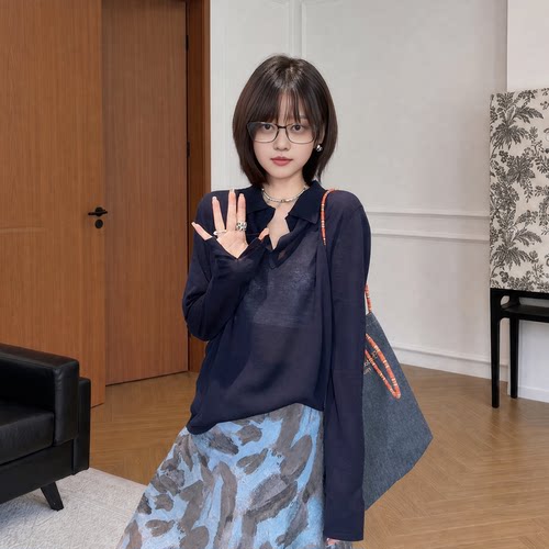 大码女装设计感Polo领防晒长袖针织T恤女夏季胖mm宽松巨显瘦上衣