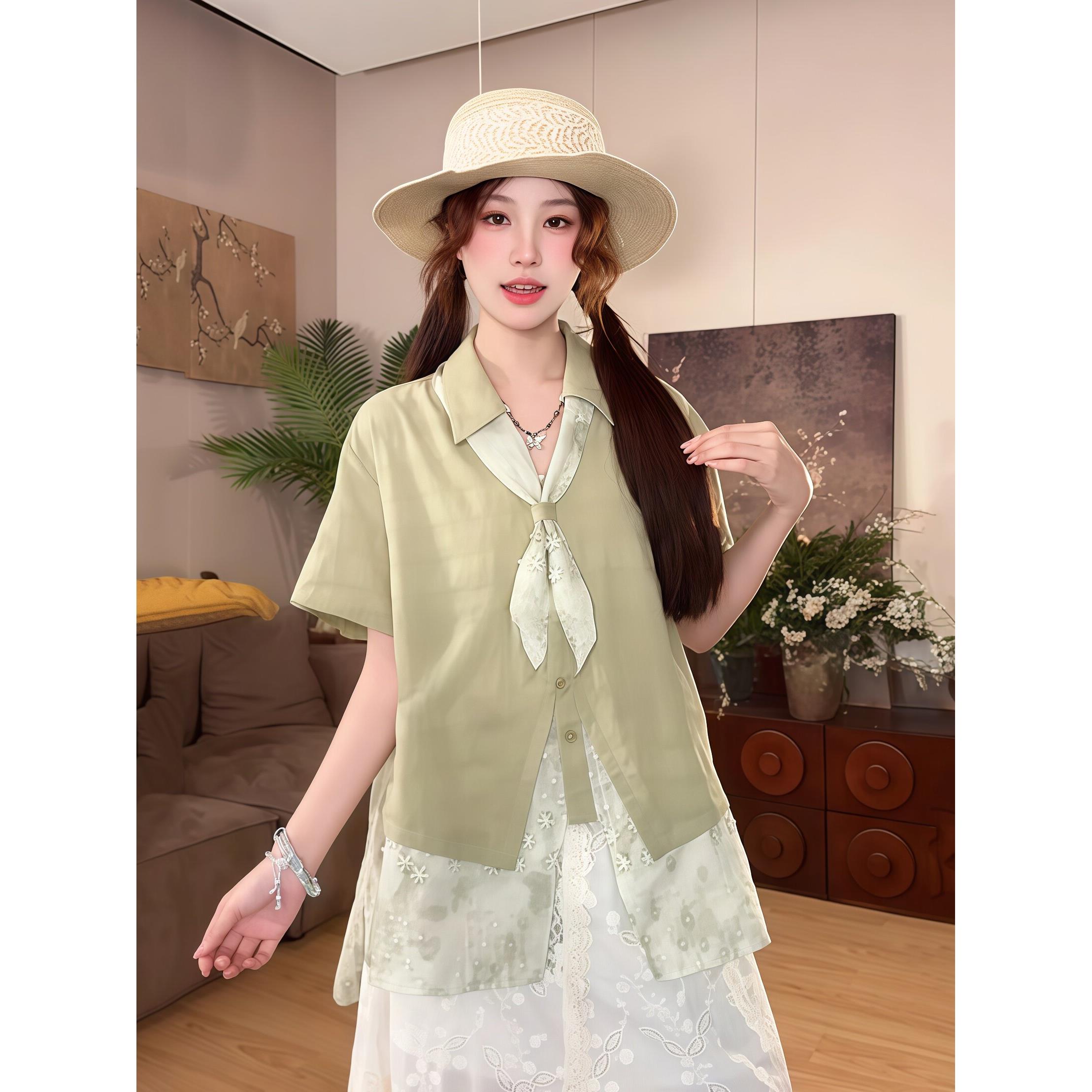 法式蕾丝拼接短袖衬衫女显瘦