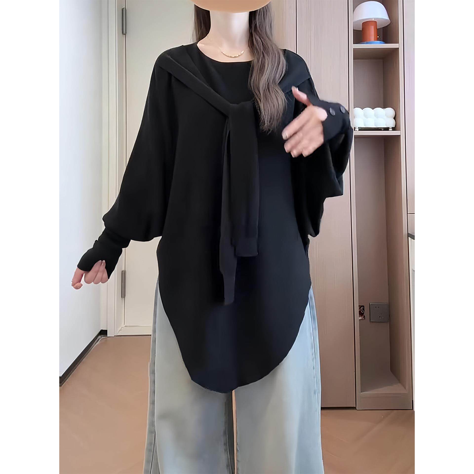 大码假两件飘带针织衫女秋冬胖mm显瘦长袖宽松中长款小众毛衣上衣