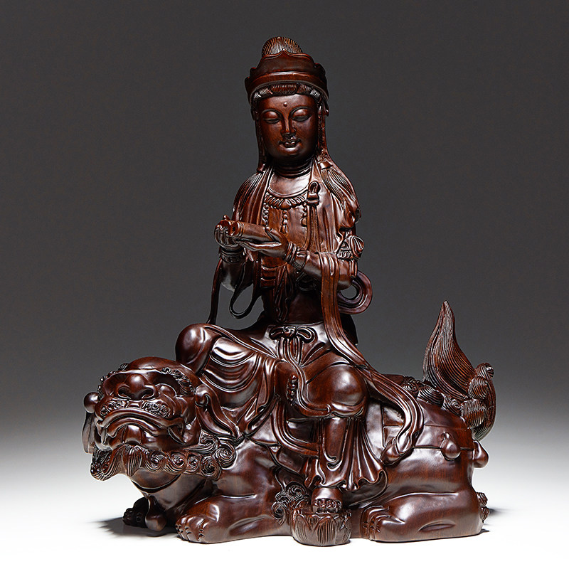 文殊普贤菩萨佛像摆件实木质属龙蛇本命佛华严三圣家居装饰工艺品