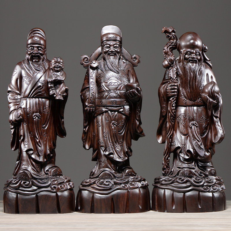 刺史福禄寿三星风水供奉黑檀木雕