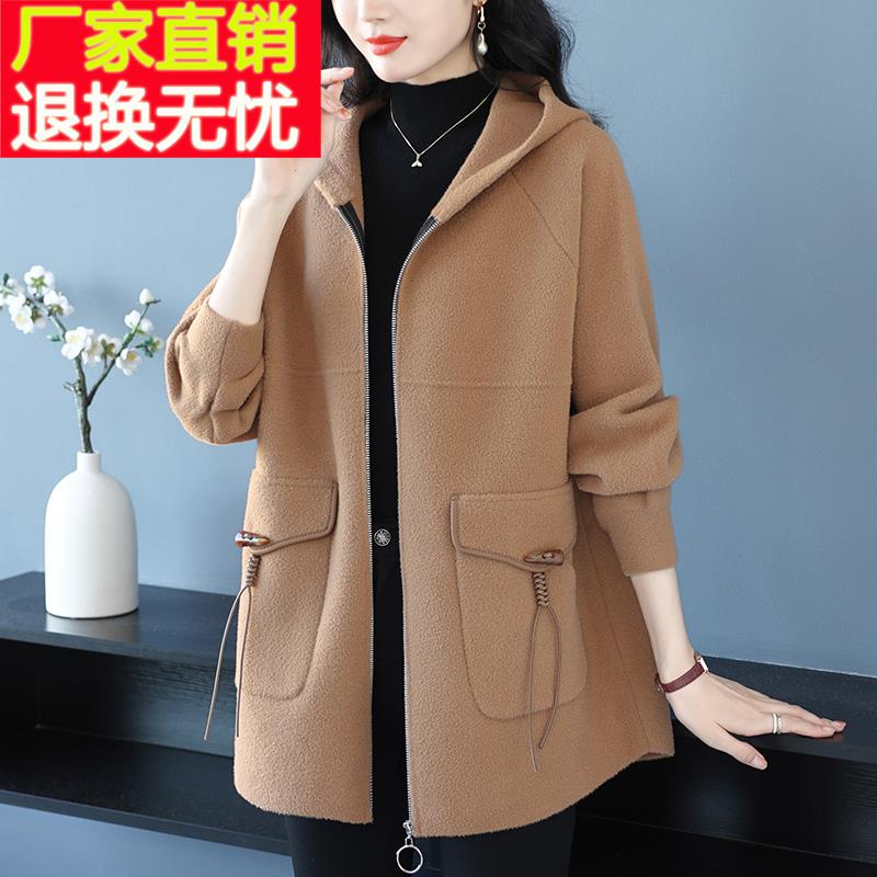 加肥加大码新款毛呢外套女中年妈妈秋冬时尚宽松连帽双面羊绒大衣