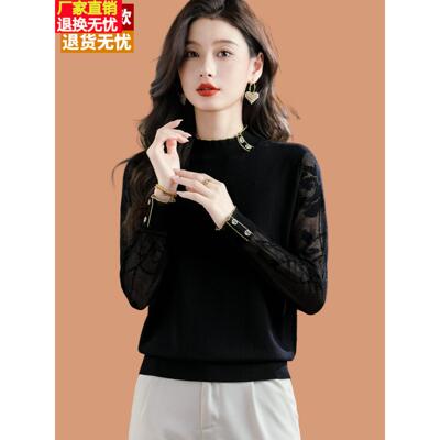半高领黑色短毛衣女2025新款秋冬洋气高级蕾丝长袖打底内搭羊毛衫