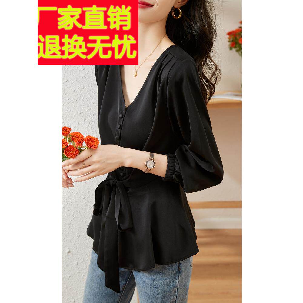 高级感v领黑色衬衫女长袖秋季2025新款时尚气质衬衣显瘦收腰上衣