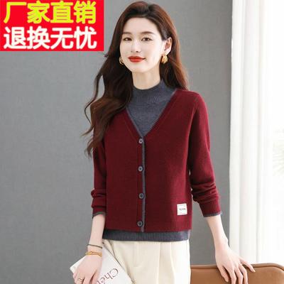 假两件上衣女时尚洋气半高领针织打底衫春装2025新款爆款红色毛衣