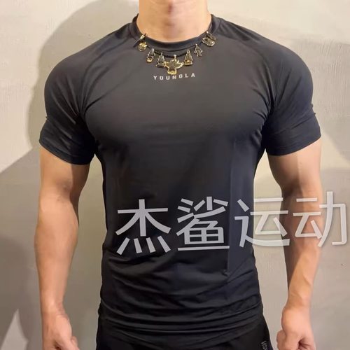 现货YLA男士运动健身休闲速干科技透气排汗修身弹性圆领短袖R2