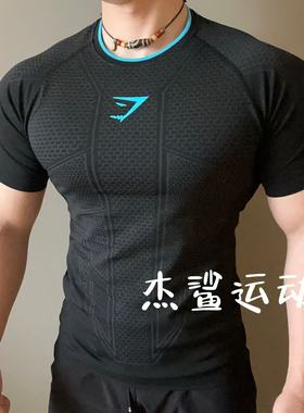 经典回归GYMSHARK ONYX 1.0男子3D蓝标运动健身无缝高弹修身短袖