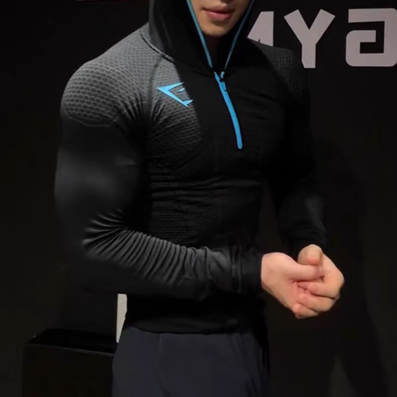Gymshark onyx 1.0蓝玛瑙男子运动健身无缝弹性速干修身连帽长袖