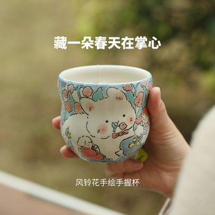 蓝莲花羡鸟文社釉下彩手绘手握杯咖啡杯陶瓷杯子马克杯女士高颜值