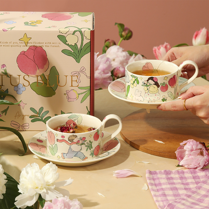 蓝莲花男孩女孩杯碟礼盒套装