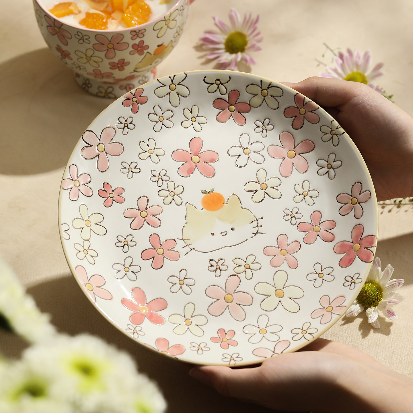 蓝莲花盘子儿童餐盘陶瓷盘手绘釉下彩高级感甜品蛋糕盘早餐盘碟子