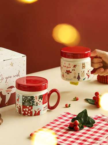 蓝莲花手绘圣诞杯子盖杯陶瓷礼盒礼物卡通办公室女水杯马克杯带盖