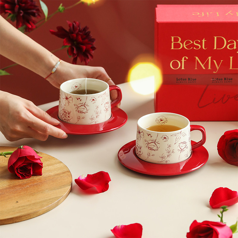 蓝莲花玫瑰红杯碟礼盒套装新婚礼物送新人一对杯子结婚复古伴手礼,餐饮具,咖啡杯,淘宝优惠券,粉丝福利购,淘宝优惠卷
