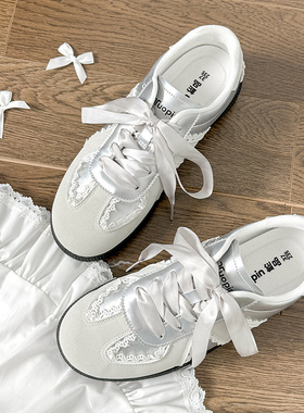 鮀品银色德训鞋女秋新款芭蕾鞋子蕾丝小白鞋小众女鞋百搭休闲板鞋