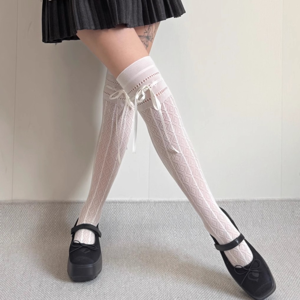 白色蕾丝蝴蝶结花边过膝袜子女